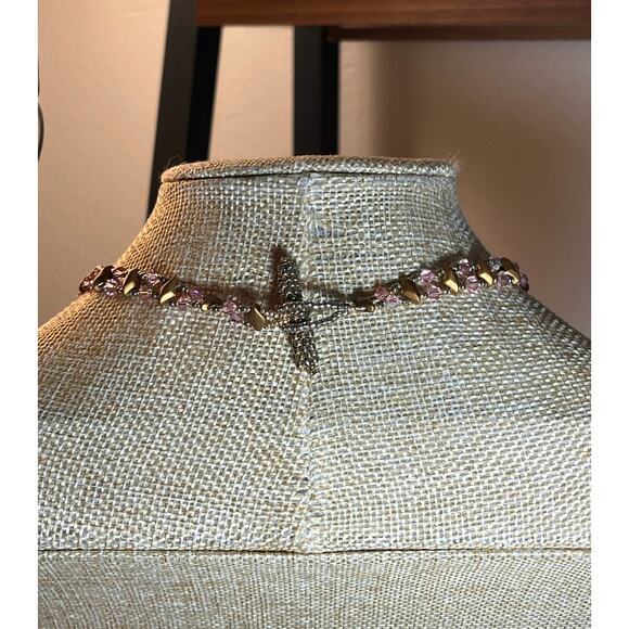 Handmade Pink Beaded Statement Necklace Gold Toggle Boho Artisan Jewelry - Picture 4 of 5